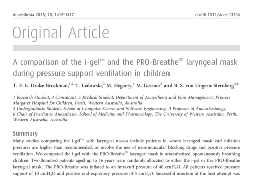 A comparison of the i-gel™ and the PROBreathe® laryngeal mask during pressure support ventilation in children