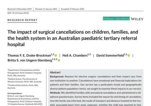 The impact of surgical cancellations on children, families, and the health system in an Australian paediatric tertiary referral hospital