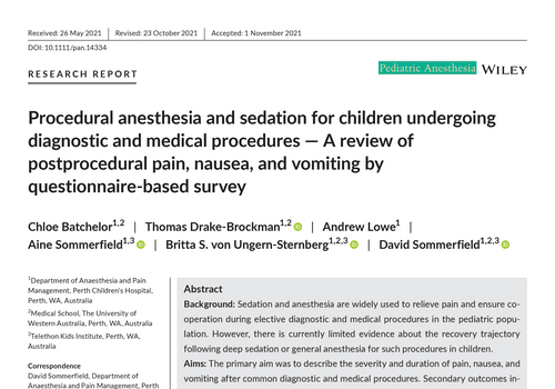 Procedural anesthesia and sedation for children undergoing diagnostic and medical procedures - A review of postprocedural pain, nausea, and vomiting by questionnaire-based survey