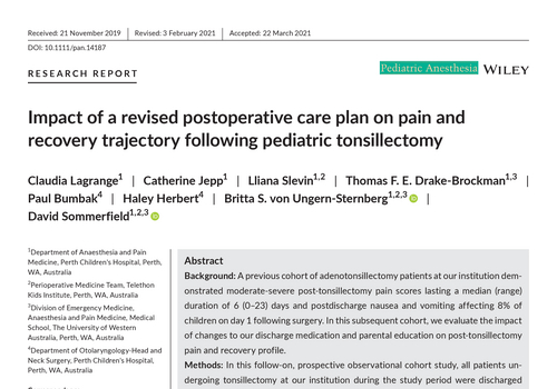 Impact of a revised postoperative care plan on pain and recovery trajectory following pediatric tonsillectomy